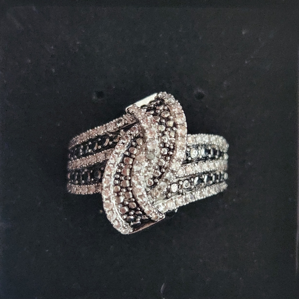 Silver Statement Ring With Black And White Swarovski Crystals - Brand New